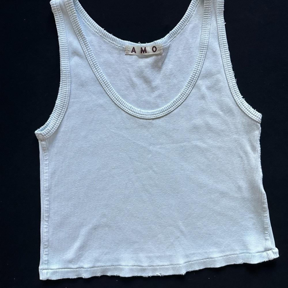 AMO Women's distressed Cropped light blue rib Tank Top Made in USA